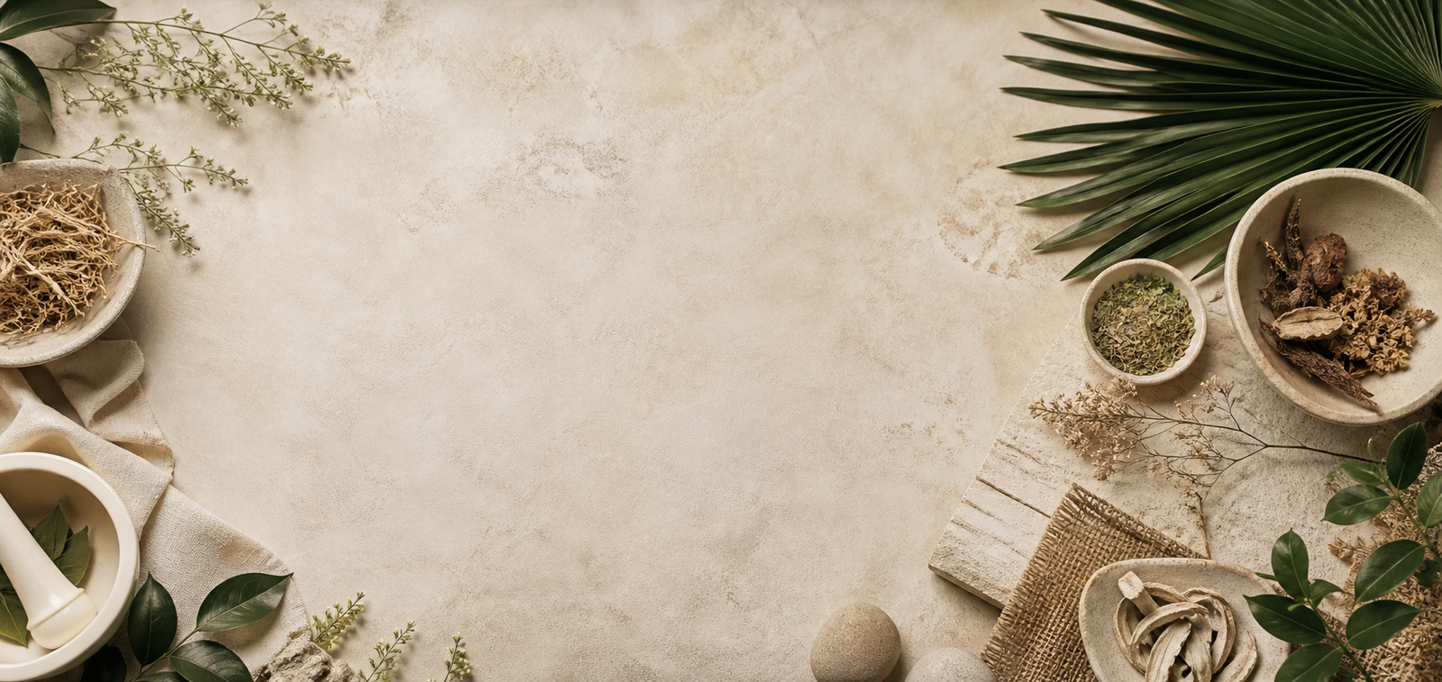 Ayurvedic contact banner with beige stone textures, herbs, and dark green leaves